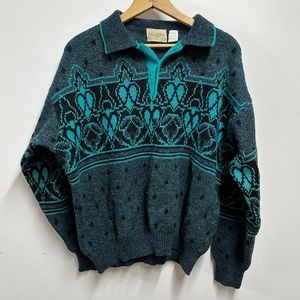 Vintage Eclectic Grandpa Teal Black Wool Polo Sweater